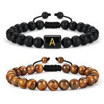 LUXEJEW Natural Stone Initial Bracelets for Men - 8mm Tiger Eye | Matte Agate | Lava Rock Bracelets Mens Bracelets Beads