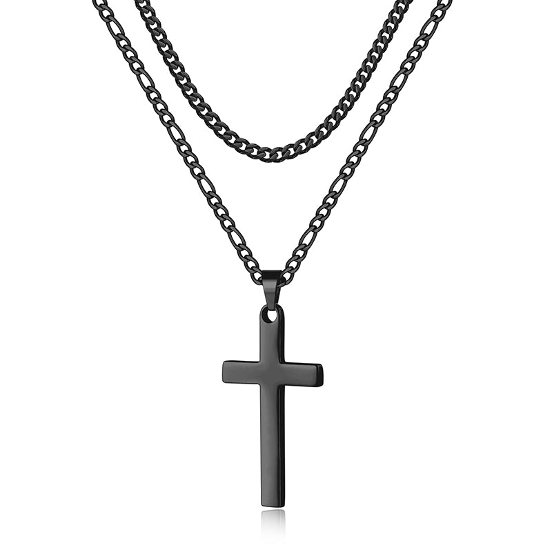 LUXEJEW Stainless Steel Cross Necklaces for Men Rope Chain Box Chain Black Silver Gold Layered Cross Pendant Necklace for Men Women 16-26 Inches