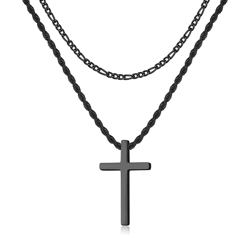LUXEJEW Silver Gold Black Mens Cross Necklaces Stainless Steel Cuban Link Chain Rope Chain Layered Cross Pendant Necklace for Men 16-26 Inches