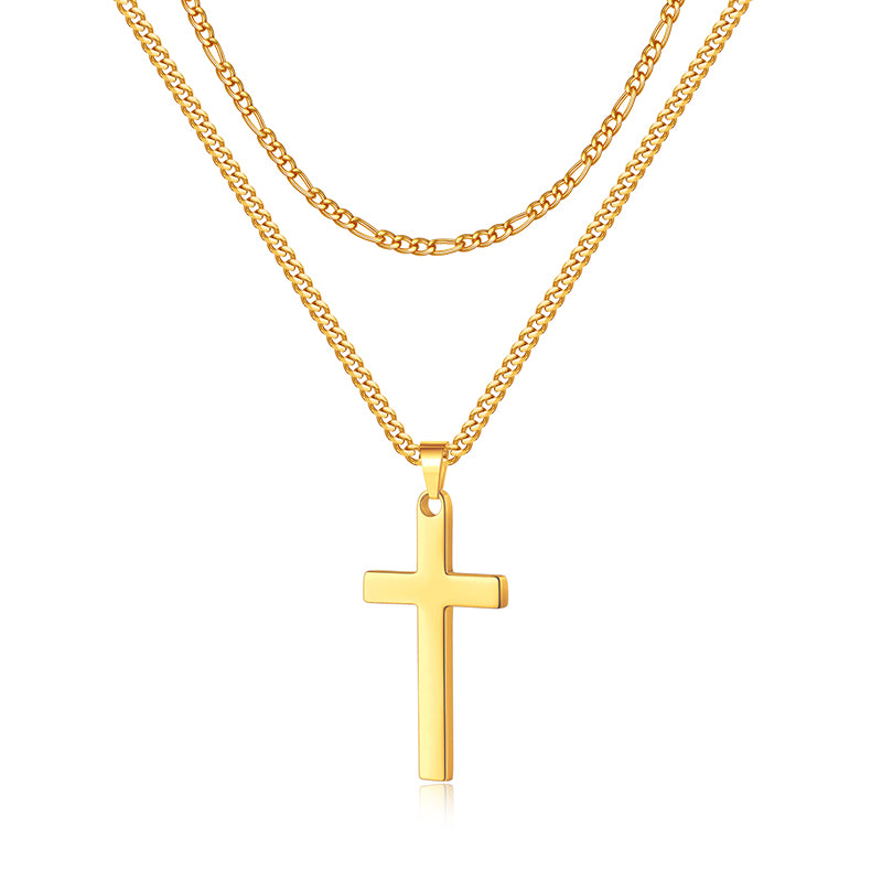 LUXEJEW Stainless Steel Cross Necklaces for Men Rope Chain Box Chain Black Silver Gold Layered Cross Pendant Necklace for Men Women 16-26 Inches