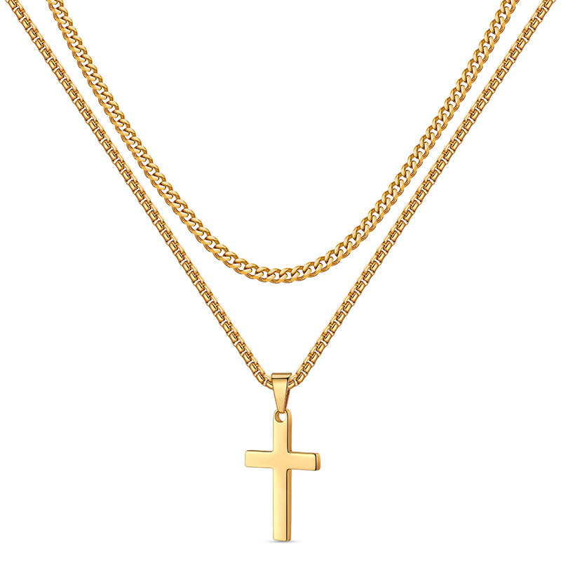 LUXEJEW Stainless Steel Cross Necklaces for Men Cuban Link Chain Box Chain Black Silver Gold Layered Cross Pendant Necklace for Men Women 16-26 Inches