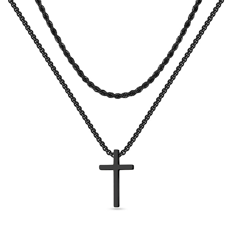 LUXEJEW Stainless Steel Cross Necklaces for Men Rope Chain Box Chain Black Silver Gold Layered Cross Pendant Necklace for Men Women 16-26 Inches