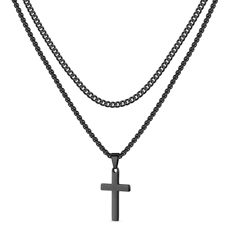 LUXEJEW Stainless Steel Cross Necklaces for Men Cuban Link Chain Box Chain Black Silver Gold Layered Cross Pendant Necklace for Men Women 16-26 Inches