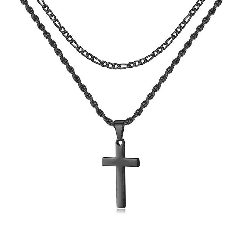 LUXEJEW Silver Gold Black Mens Cross Necklaces Stainless Steel Cuban Link Chain Rope Chain Layered Cross Pendant Necklace for Men 16-26 Inches