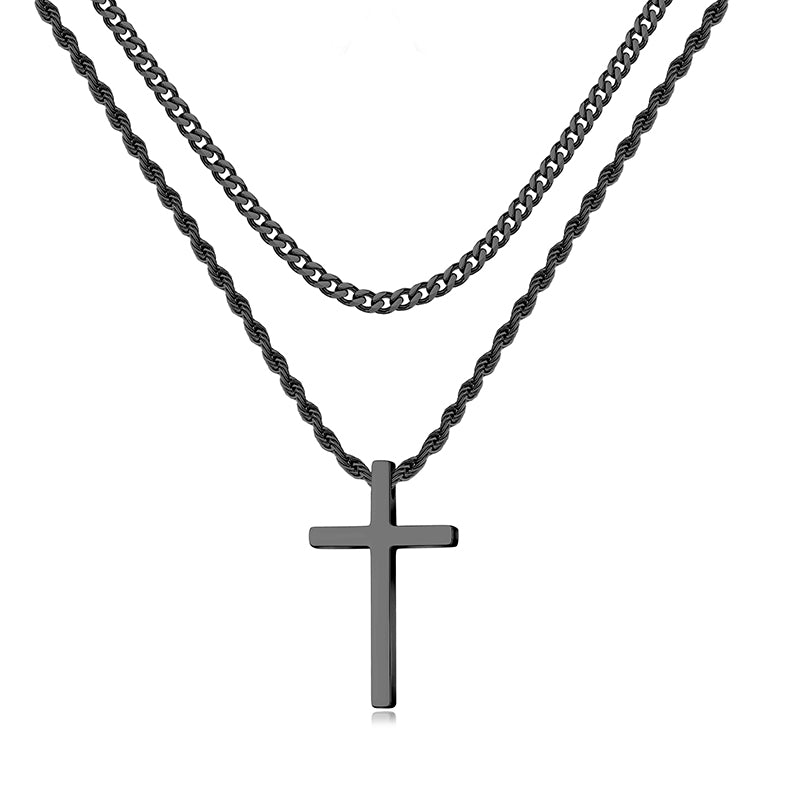 LUXEJEW Silver Gold Black Mens Cross Necklaces Stainless Steel Cuban Link Chain Rope Chain Layered Cross Pendant Necklace for Men 16-26 Inches