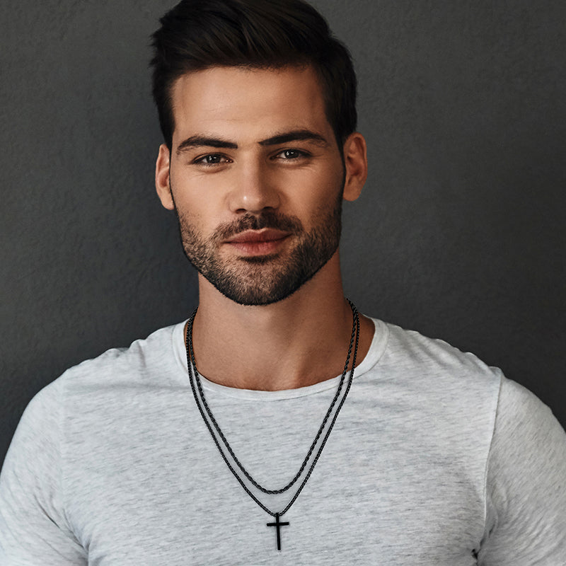 LUXEJEW Stainless Steel Cross Necklaces for Men Rope Chain Box Chain Black Silver Gold Layered Cross Pendant Necklace for Men Women 16-26 Inches