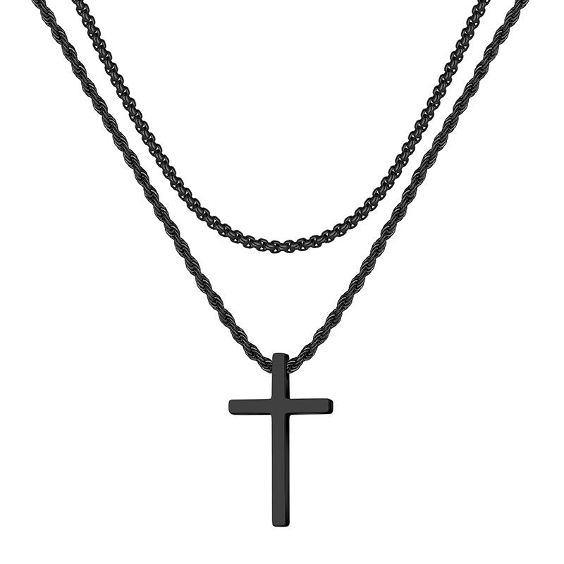 LUXEJEW Stainless Steel Cross Necklaces for Men Rope Chain Box Chain Black Silver Gold Layered Cross Pendant Necklace for Men Women 16-26 Inches