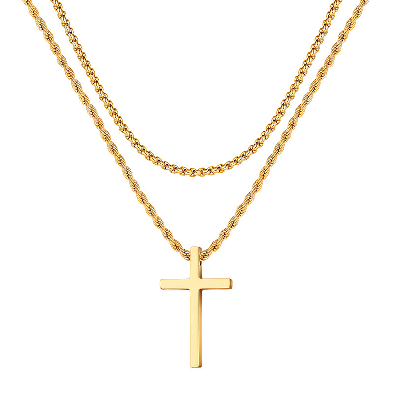 LUXEJEW Stainless Steel Cross Necklaces for Men Rope Chain Box Chain Black Silver Gold Layered Cross Pendant Necklace for Men Women 16-26 Inches