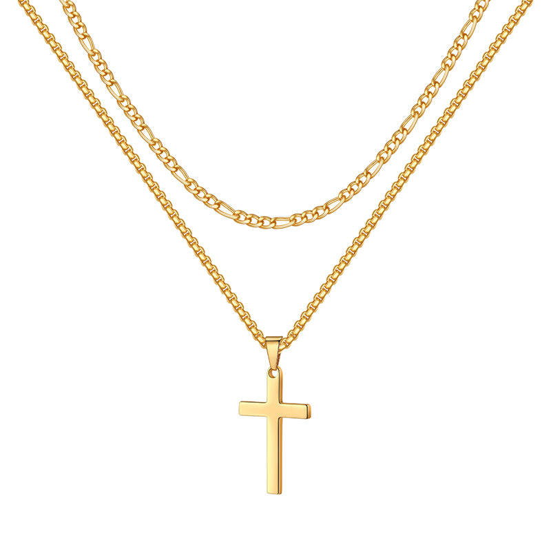LUXEJEW Stainless Steel Cross Necklaces for Men Rope Chain Box Chain Black Silver Gold Layered Cross Pendant Necklace for Men Women 16-26 Inches