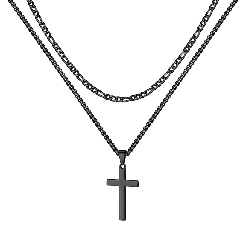 LUXEJEW Stainless Steel Cross Necklaces for Men Rope Chain Box Chain Black Silver Gold Layered Cross Pendant Necklace for Men Women 16-26 Inches