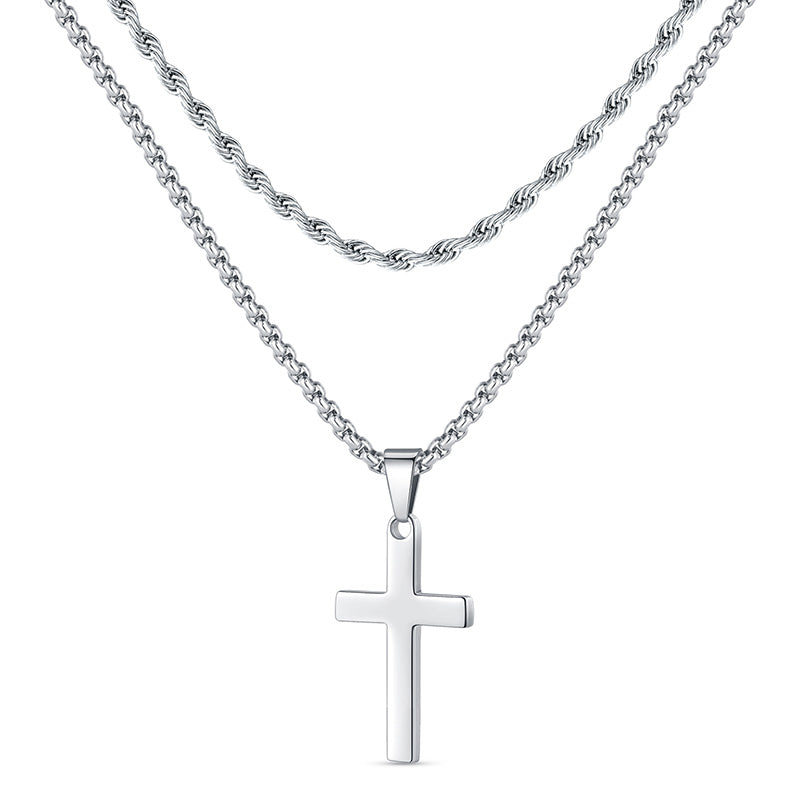 LUXEJEW Stainless Steel Cross Necklaces for Men Rope Chain Box Chain Black Silver Gold Layered Cross Pendant Necklace for Men Women 16-26 Inches