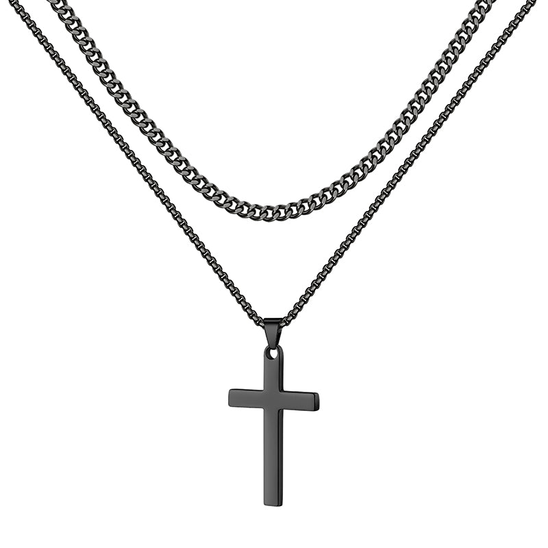 LUXEJEW Stainless Steel Cross Necklaces for Men Cuban Link Chain Box Chain Black Silver Gold Layered Cross Pendant Necklace for Men Women 16-26 Inches
