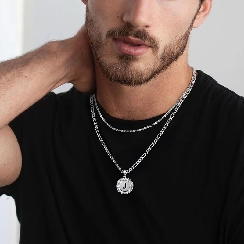 LUXEJEW Layered Initial Necklaces for Men, Stainless Steel Silver Cuban Chain Rope Chain Mens Chain Initial Necklace Letter Pendant Initial Necklace for Men Women Jewelry Gifts