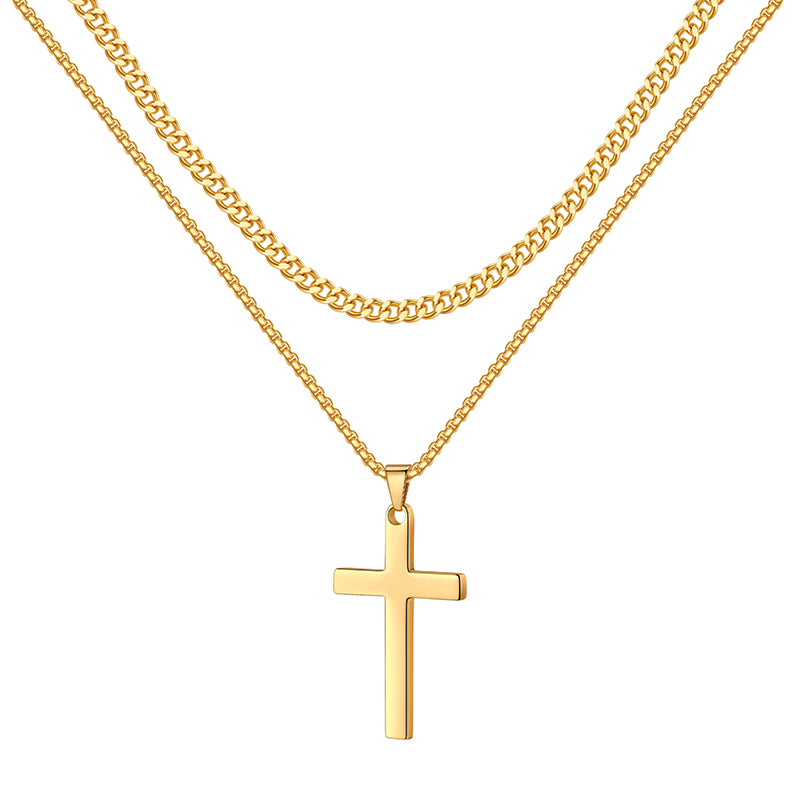 LUXEJEW Stainless Steel Cross Necklaces for Men Cuban Link Chain Box Chain Black Silver Gold Layered Cross Pendant Necklace for Men Women 16-26 Inches