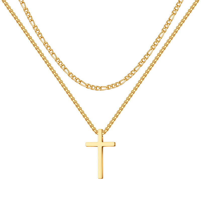 LUXEJEW Stainless Steel Cross Necklaces for Men Rope Chain Box Chain Black Silver Gold Layered Cross Pendant Necklace for Men Women 16-26 Inches