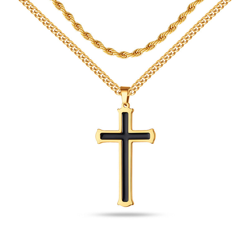 LUXEJEW Stainless Steel Cross Necklaces for Men Rope Chain Box Chain Black Silver Gold Layered Cross Pendant Necklace for Men Women 16-26 Inches