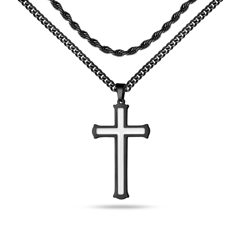 LUXEJEW Stainless Steel Cross Necklaces for Men Rope Chain Box Chain Black Silver Gold Layered Cross Pendant Necklace for Men Women 16-26 Inches