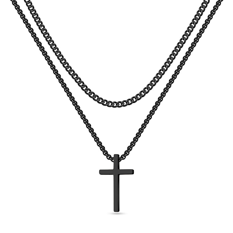 LUXEJEW Stainless Steel Cross Necklaces for Men Cuban Link Chain Box Chain Black Silver Gold Layered Cross Pendant Necklace for Men Women 16-26 Inches