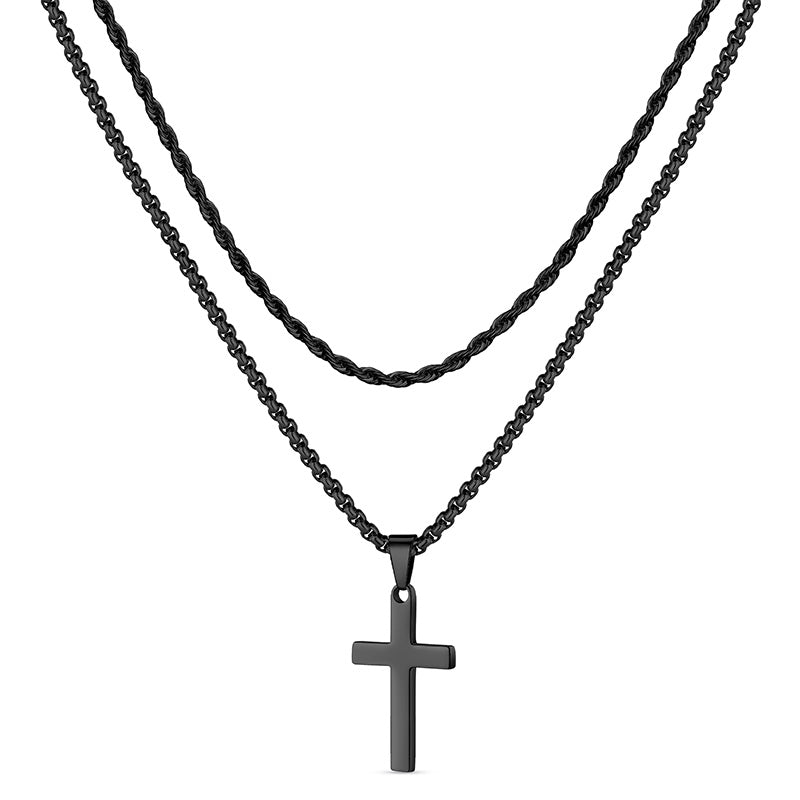 LUXEJEW Stainless Steel Cross Necklaces for Men Rope Chain Box Chain Black Silver Gold Layered Cross Pendant Necklace for Men Women 16-26 Inches