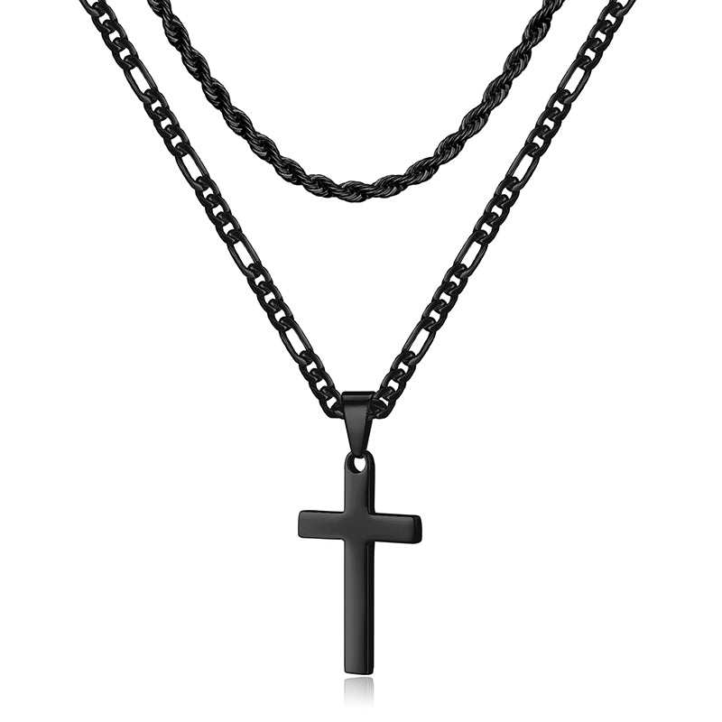 LUXEJEW Stainless Steel Cross Necklaces for Men Rope Chain Box Chain Black Silver Gold Layered Cross Pendant Necklace for Men Women 16-26 Inches