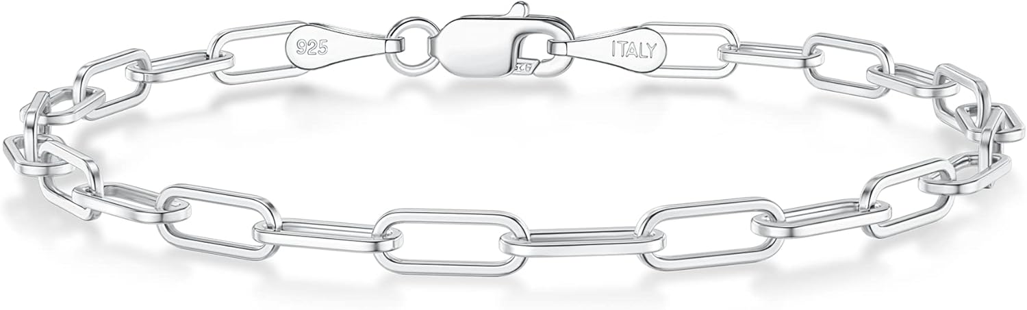 BRIJEWNES 925 Sterling Silver Clasp 3mm Paperclip Chain Bracelets for Women Solid Diamond Cut Paperclip Chain Women Bracelet Chain Bracelets for Women Jewelry Women Gifts