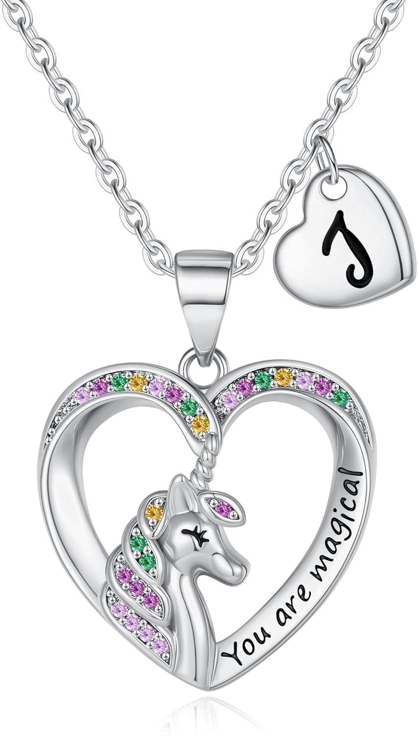Unicorn Necklaces for Girls, 14K Gold/White Gold/Rose Gold Plated Colorful CZ Heart Pendant Unicorn Necklace Jewelry Toddler Necklaces Letter Initial Necklaces for Teen Girls Unicorn Gifts for Girls