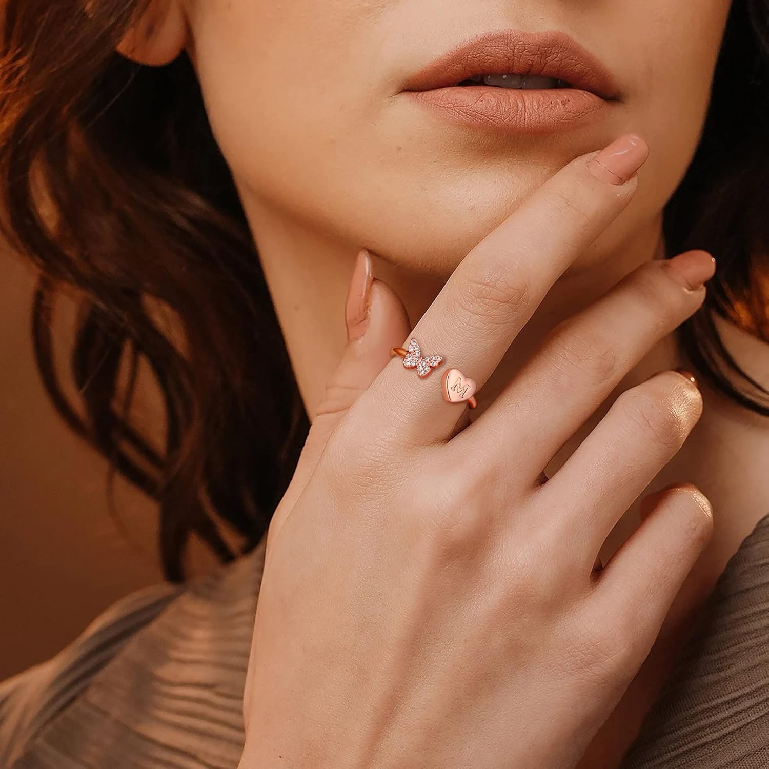 Stackable Initial Rings for Women Girls, Rose Gold Plated Butterfly Capital Letter Initial Rings for Women Teens Girls Letter Rings Stackable Rings for Girls Teen Girls