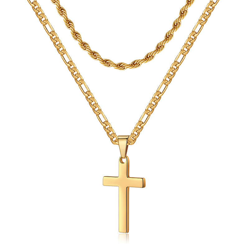 LUXEJEW Stainless Steel Cross Necklaces for Men Rope Chain Box Chain Black Silver Gold Layered Cross Pendant Necklace for Men Women 16-26 Inches