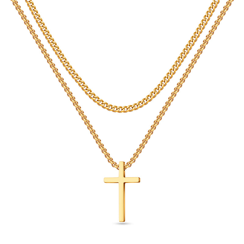 LUXEJEW Stainless Steel Cross Necklaces for Men Cuban Link Chain Box Chain Black Silver Gold Layered Cross Pendant Necklace for Men Women 16-26 Inches