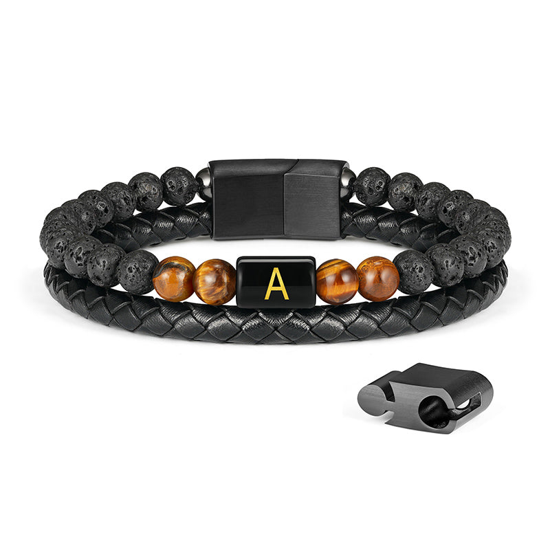 LUXEJEW Beaded Leather Initial Bracelets for Men, 6mm Matte Agate Stone Handmade Bracelets with Adjustable Stainless Steel Magnetic Clasp Mens Jewelry Gifts