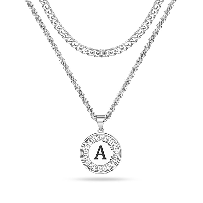 LUXEJEW Layered Initial Necklaces for Men, Stainless Steel Silver Cuban Chain Rope Chain Mens Chain Initial Necklace Letter Pendant Initial Necklace for Men Women Jewelry Gifts