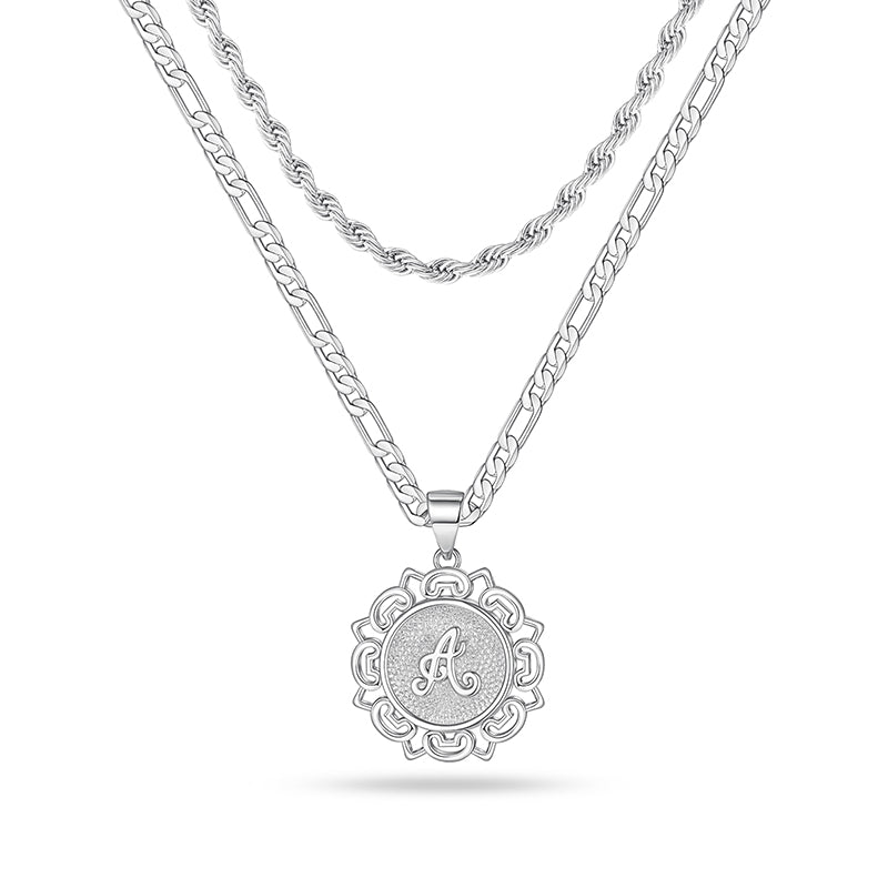 LUXEJEW Layered Initial Necklaces for Men, Stainless Steel Silver Cuban Chain Rope Chain Mens Chain Initial Necklace Letter Pendant Initial Necklace for Men Women Jewelry Gifts