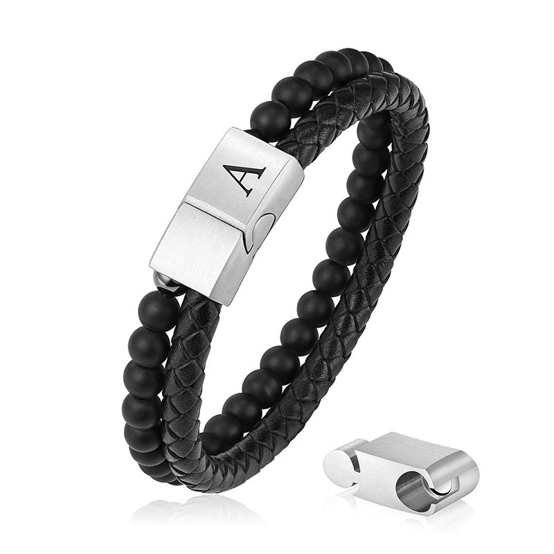 LUXEJEW Beaded Leather Initial Bracelets for Men, 6mm Matte Agate Stone Handmade Bracelets with Adjustable Stainless Steel Magnetic Clasp Mens Jewelry Gifts