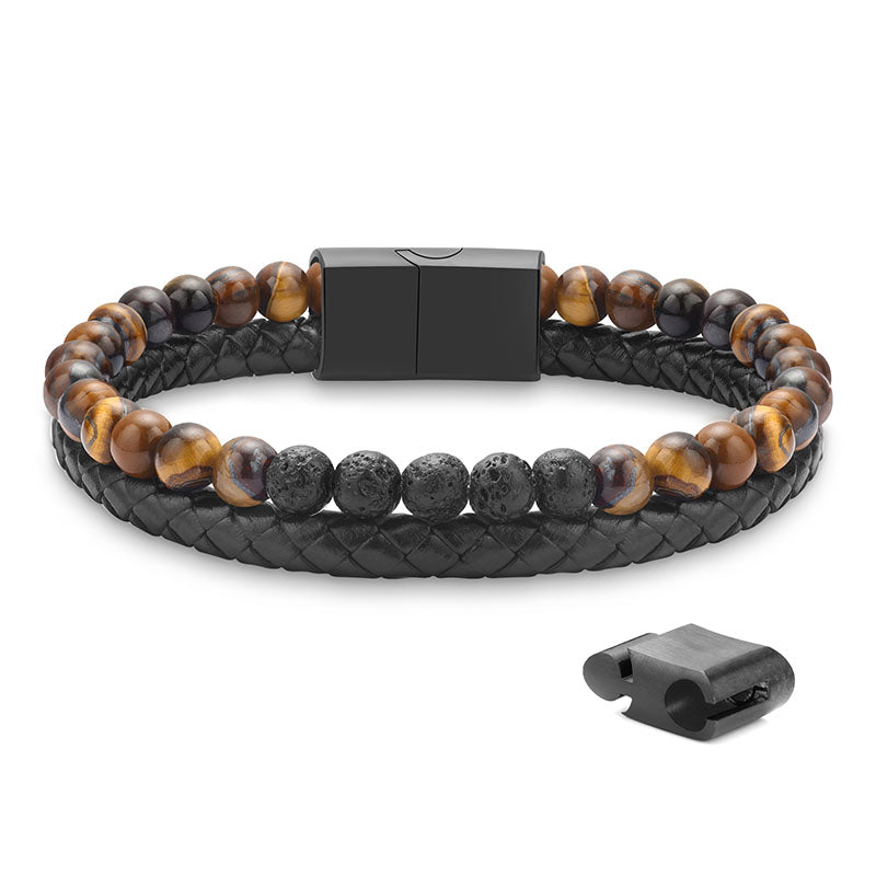 LUXEJEW Layered Leather Beads Bracelets for Men，Braided Leather Tiger Eye Lava Rock Stone Bracelets for Men with Stainless Steel Magnetic Clasp Anxiety Stress Relief Bracelet Gifts for Men