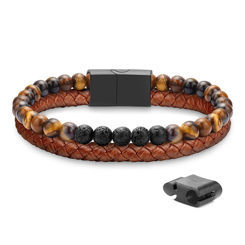 LUXEJEW Layered Leather Beads Bracelets for Men，Braided Leather Tiger Eye Lava Rock Stone Bracelets for Men with Stainless Steel Magnetic Clasp Anxiety Stress Relief Bracelet Gifts for Men