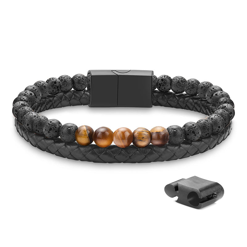 LUXEJEW Layered Leather Beads Bracelets for Men，Braided Leather Tiger Eye Lava Rock Stone Bracelets for Men with Stainless Steel Magnetic Clasp Anxiety Stress Relief Bracelet Gifts for Men
