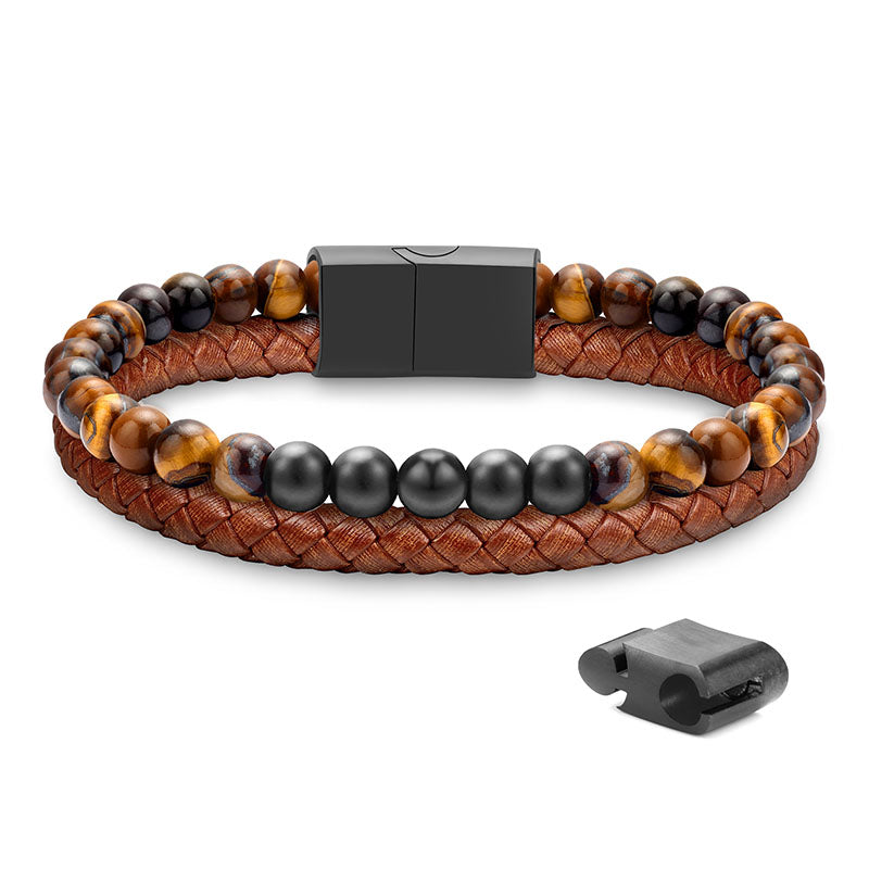 LUXEJEW Layered Leather Beads Bracelets for Men，Braided Leather Tiger Eye Lava Rock Stone Bracelets for Men with Stainless Steel Magnetic Clasp Anxiety Stress Relief Bracelet Gifts for Men