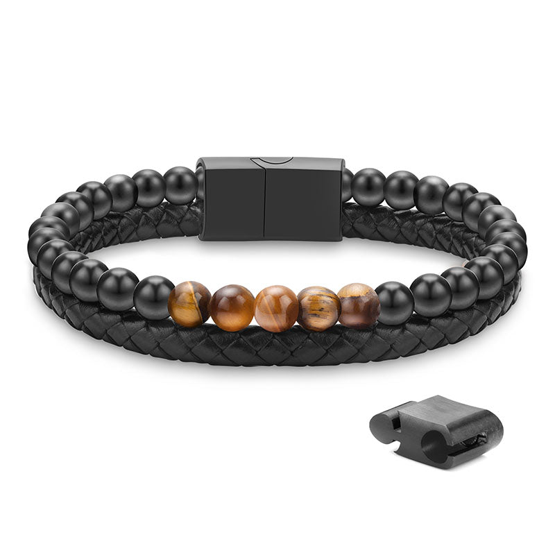 LUXEJEW Layered Leather Beads Bracelets for Men，Braided Leather Tiger Eye Lava Rock Stone Bracelets for Men with Stainless Steel Magnetic Clasp Anxiety Stress Relief Bracelet Gifts for Men