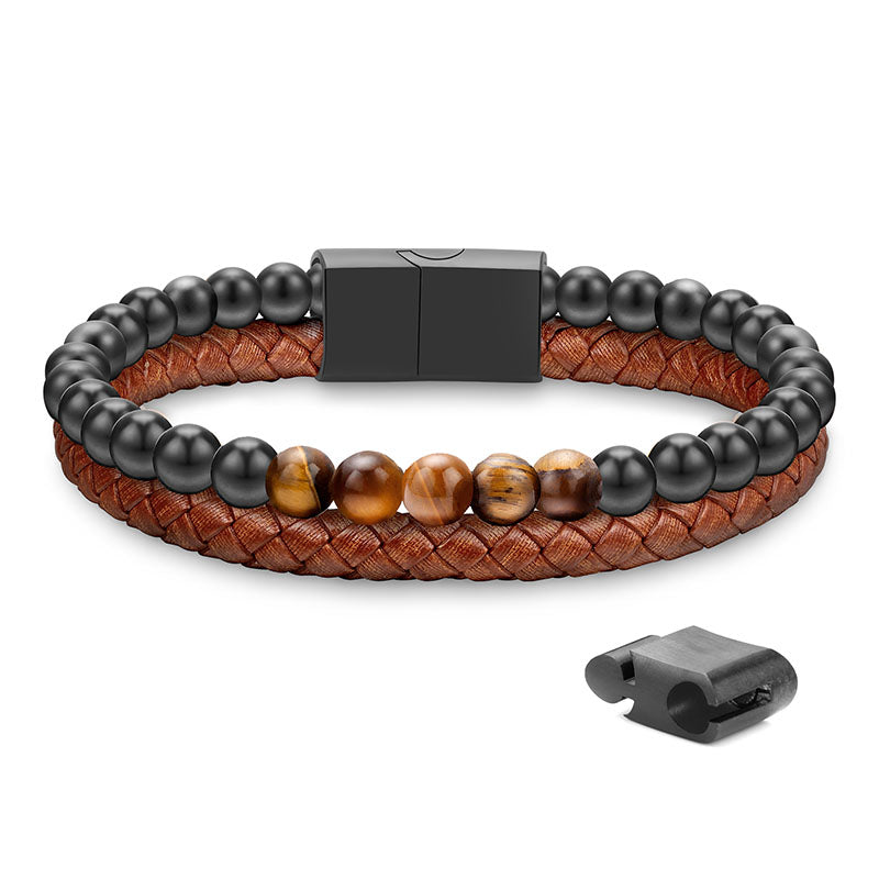 LUXEJEW Layered Leather Beads Bracelets for Men，Braided Leather Tiger Eye Lava Rock Stone Bracelets for Men with Stainless Steel Magnetic Clasp Anxiety Stress Relief Bracelet Gifts for Men