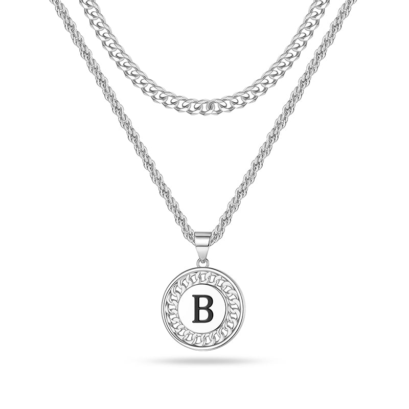 LUXEJEW Layered Initial Necklaces for Men, Stainless Steel Silver Cuban Chain Rope Chain Mens Chain Initial Necklace Letter Pendant Initial Necklace for Men Women Jewelry Gifts