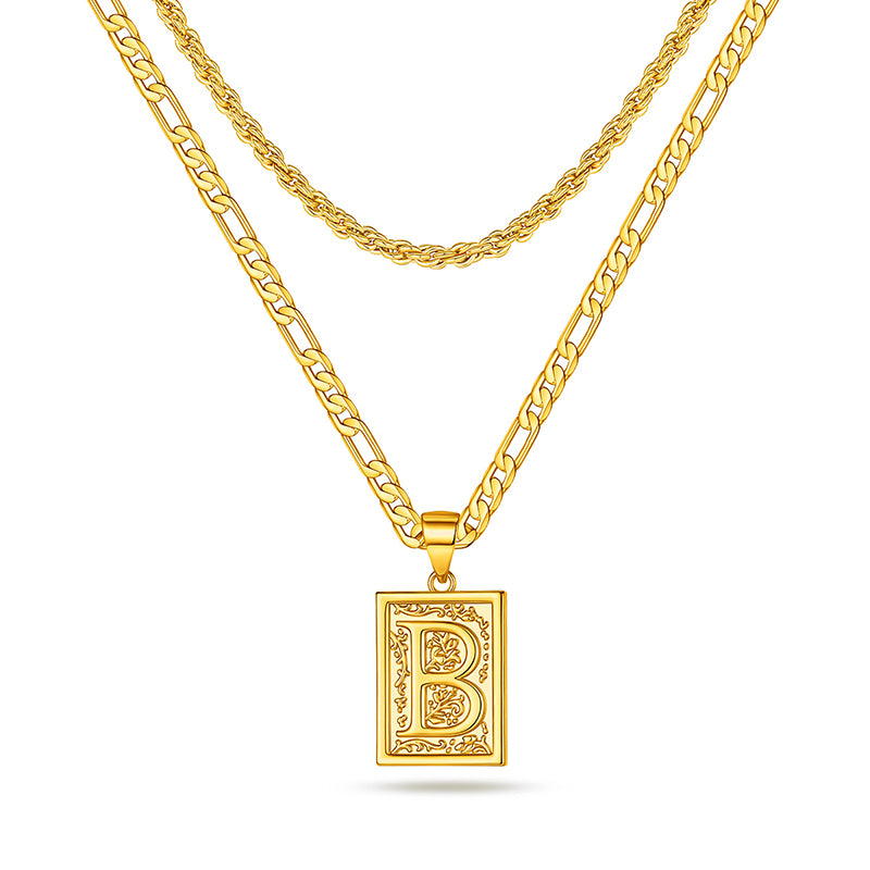 LUXEJEW Layered Initial Necklaces for Men, Stainless Steel Silver Cuban Chain Rope Chain Mens Chain Initial Necklace Letter Pendant Initial Necklace for Men Women Jewelry Gifts