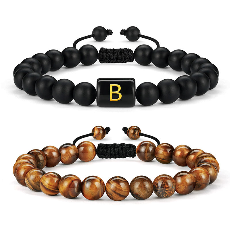 LUXEJEW Natural Stone Initial Bracelets for Men - 8mm Tiger Eye | Matte Agate | Lava Rock Bracelets Mens Bracelets Beads