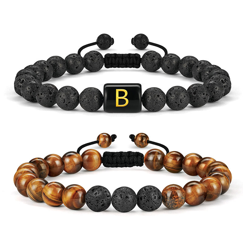 LUXEJEW Natural Stone Initial Bracelets for Men - 8mm Tiger Eye | Matte Agate | Lava Rock Bracelets Mens Bracelets Beads