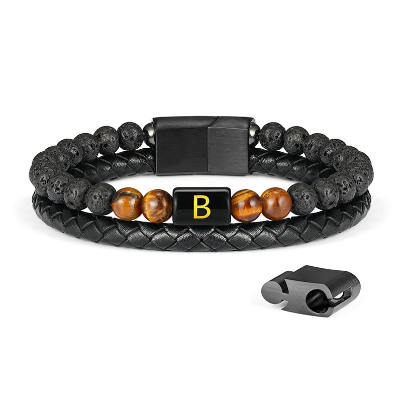 LUXEJEW Beaded Leather Initial Bracelets for Men, 6mm Matte Agate Stone Handmade Bracelets with Adjustable Stainless Steel Magnetic Clasp Mens Jewelry Gifts