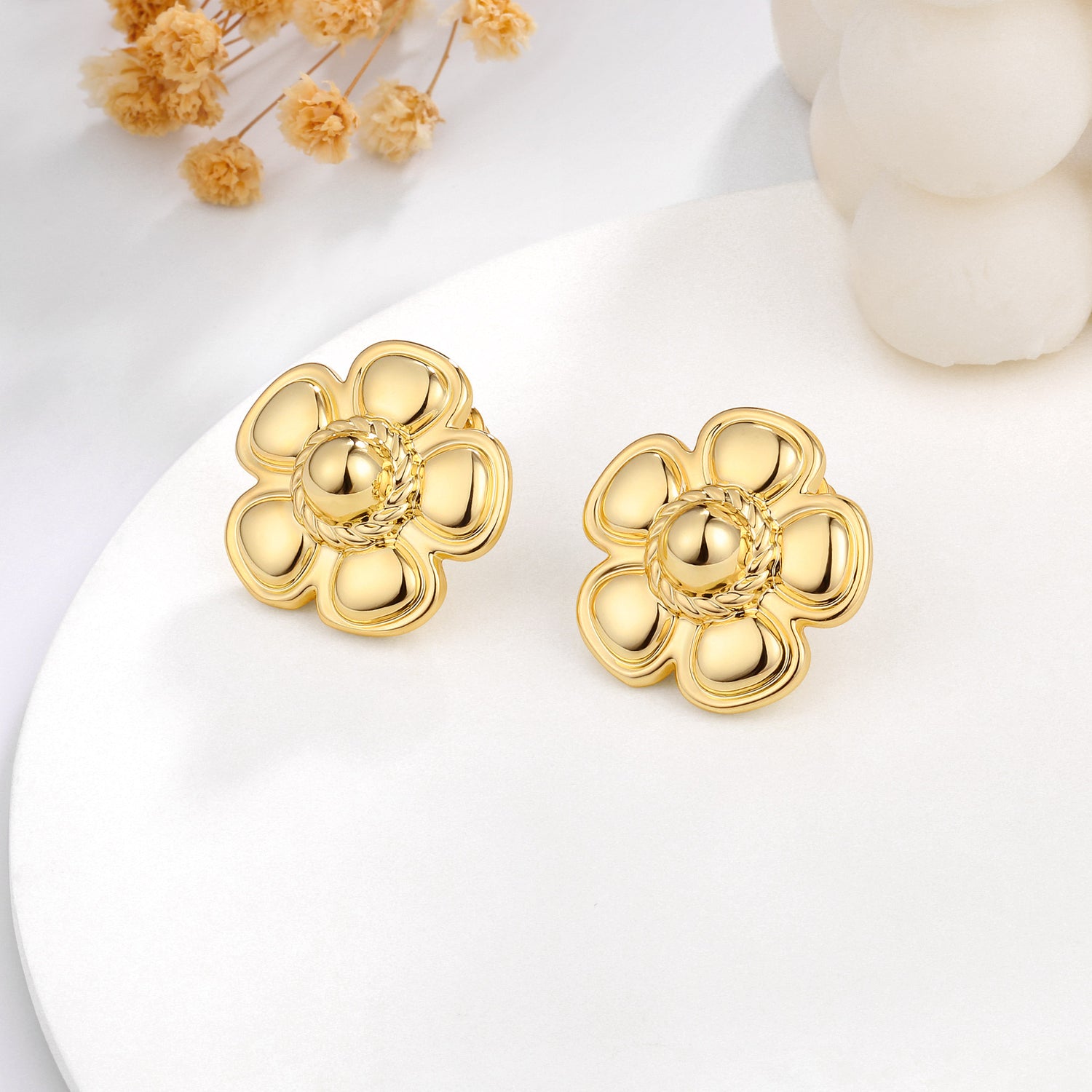 Chunky golden Flower Earrings for Women, 14K golden Plated Statement Earrings for Women Button Earrings for Women Big golden Flower Stud Earrings for Women Lightweight Chunky golden Earrings for Women Trendy