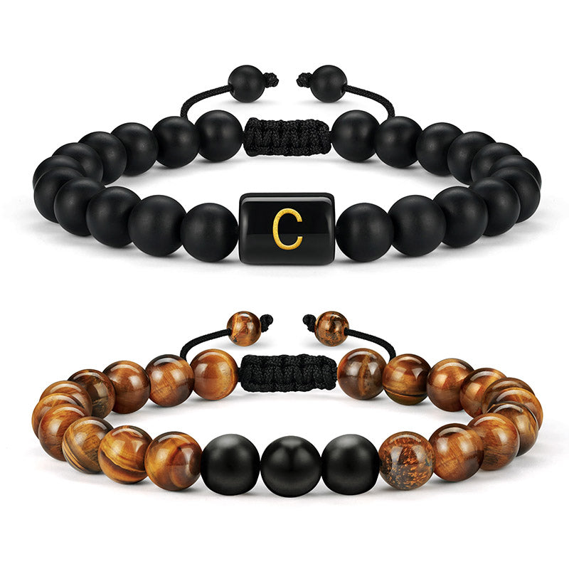 LUXEJEW Natural Stone Initial Bracelets for Men - 8mm Tiger Eye | Matte Agate | Lava Rock Bracelets Mens Bracelets Beads