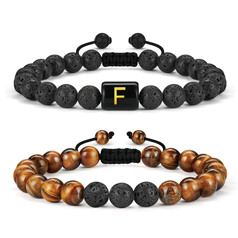LUXEJEW Natural Stone Initial Bracelets for Men - 8mm Tiger Eye | Matte Agate | Lava Rock Bracelets Mens Bracelets Beads