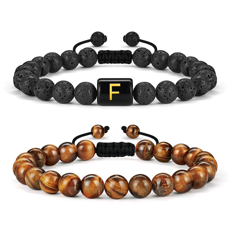 LUXEJEW Natural Stone Initial Bracelets for Men - 8mm Tiger Eye | Matte Agate | Lava Rock Bracelets Mens Bracelets Beads