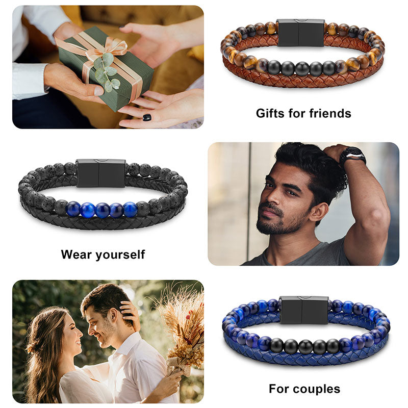 LUXEJEW Layered Leather Beads Bracelets for Men，Braided Leather Tiger Eye Lava Rock Stone Bracelets for Men with Stainless Steel Magnetic Clasp Anxiety Stress Relief Bracelet Gifts for Men