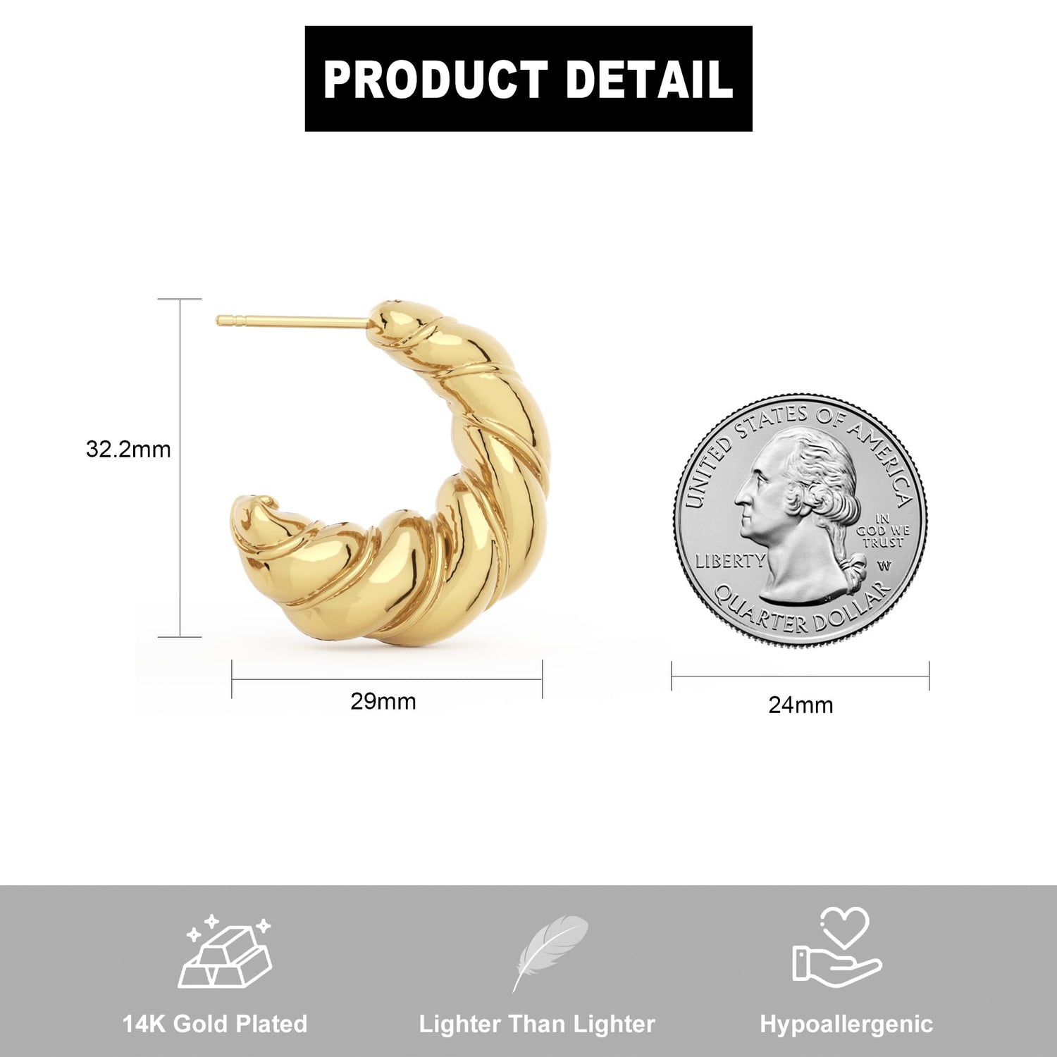 14K Gold Plated Chunky Gold Hoop Earrings